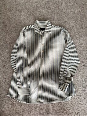 Scott Barber Men’s Cream Striped Dress Shirt with Navy and Brown Lines